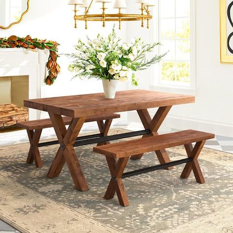 Lue Bona 3-Piece 59 In. L Rectangular Light Brown Solid Wood Dining Table Set With 2-Benches ... intended for Styling Your Rebellah Walnut Brown Rectangular Table for Every Occasion